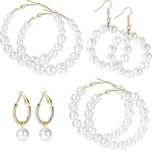 4 Pairs Faux Pearl Hoop Earrings